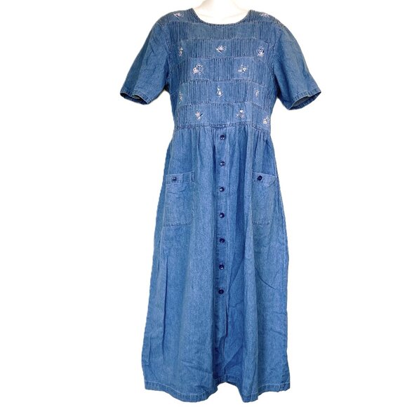 Denim Chambray Maxi Dress Flower Embroidery Pockets Vintage 90s Traditions - Picture 1 of 7